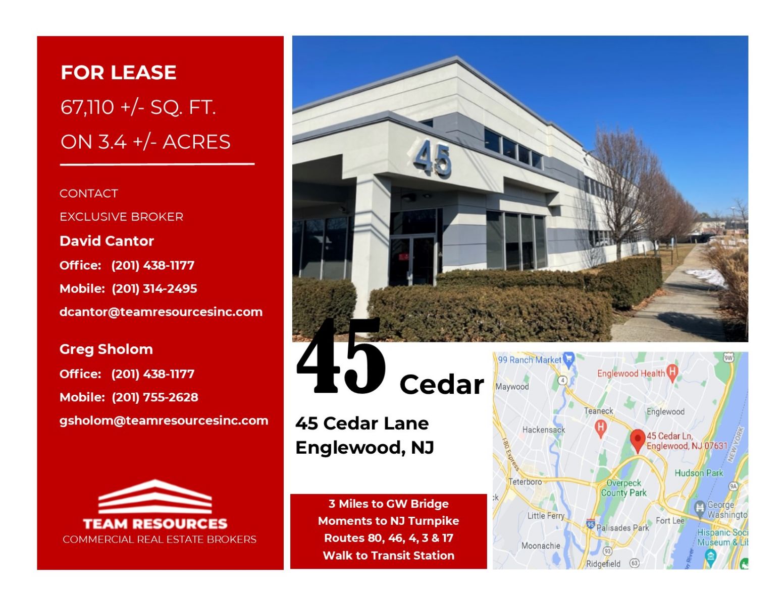 FOR LEASE 67,110 +/ SQ. FT. AT 45 CEDAR LANE IN ENGLEWOOD, NJ